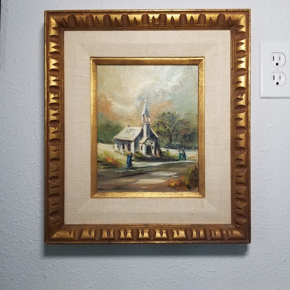 Original Oil Painting On Canvas Church Scene 1966 Signed Handcrafted Frame Vtg - Picture 8 of 16